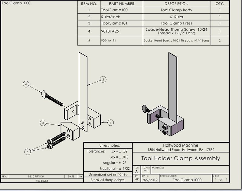 A SolidWorks assembly drawing from the shop: exploded view, bill of materials, and title block