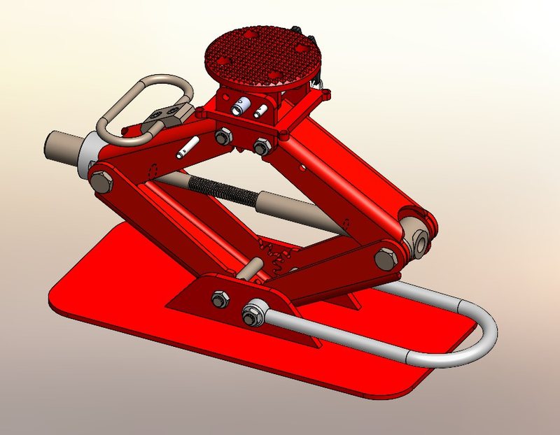 SolidWorks model of a scissor lift assembly with a round perforated platform