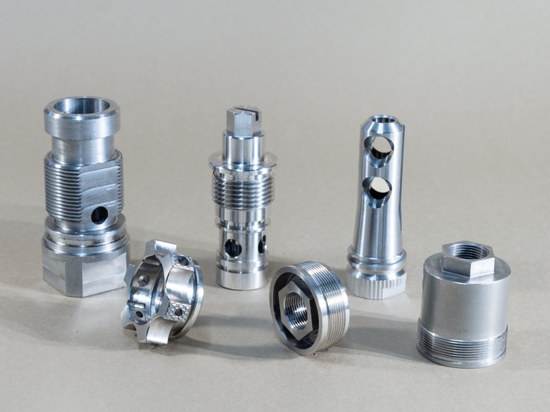 Six turned parts with threads, cross-drilled holes, milled flats, hexes, and knurling